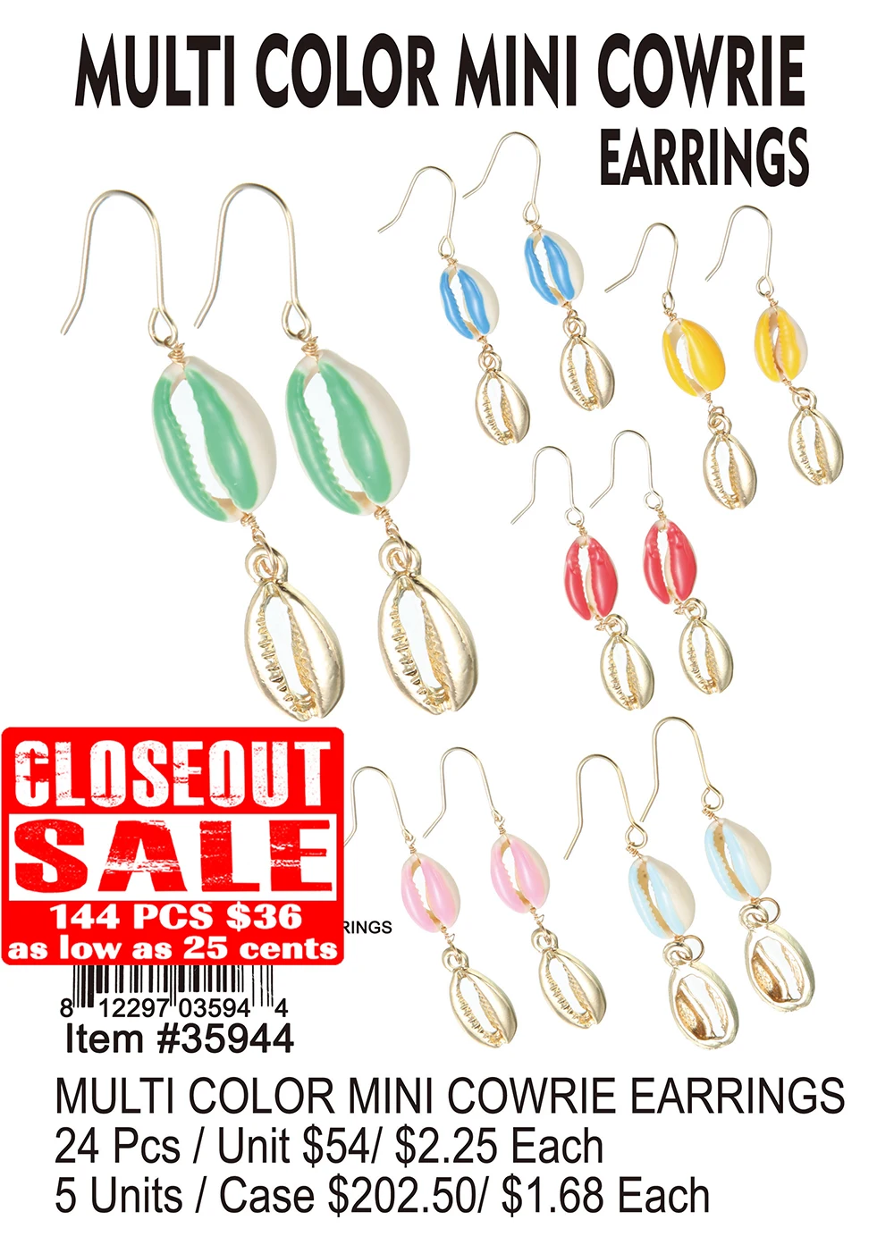 Multi Color Mini Cowrie Earrings - Closeout 144 Pcs.